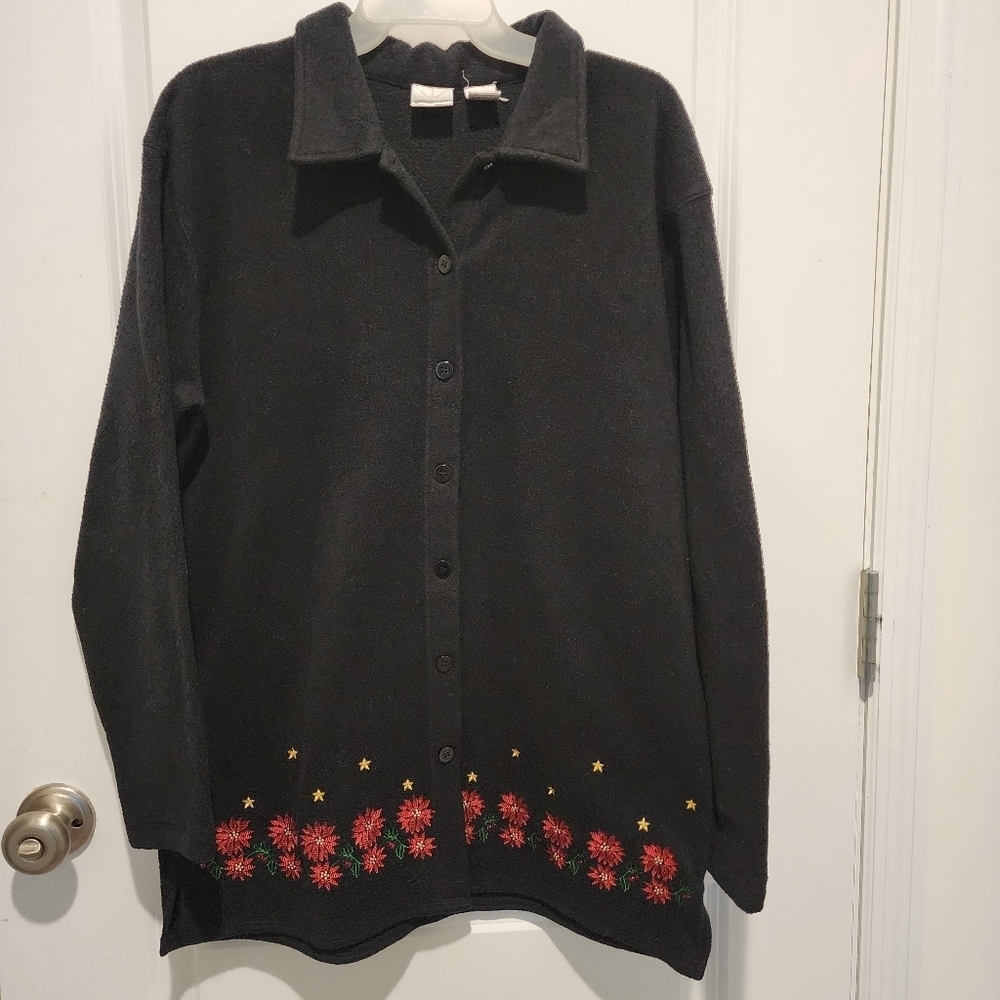 Glitter Wear Black Fleece Poinsettia Christmas Flower Button Top Cardigan L EUC